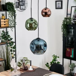 hofstein Ripoll Suspension, Boule lumineuse, Suspension grappe Bleu, Vert, Cuivré, 3 lumières