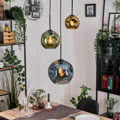 hofstein Ripoll Suspension, Boule lumineuse, Suspension grappe Bleu, Or, Vert, 3 lumières