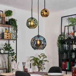 hofstein Ripoll Suspension, Boule lumineuse, Suspension grappe Bleu, Or, Vert, 3 lumières