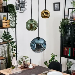 hofstein Ripoll Suspension, Boule lumineuse, Suspension grappe Bleu, Or, Vert, 3 lumières