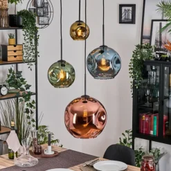 hofstein Ripoll Suspension, Boule lumineuse, Suspension grappe Bleu, Or, Vert, Cuivré, 4 lumières