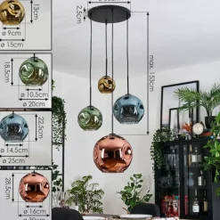 hofstein Ripoll Suspension, Boule lumineuse, Suspension grappe Bleu, Or, Vert, Cuivré, 4 lumières