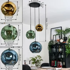 hofstein Ripoll Suspension, Boule lumineuse, Suspension grappe Bleu, Or, Vert, 3 lumières