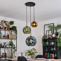 hofstein Ripoll Suspension, Boule lumineuse, Suspension grappe Bleu, Or, Vert, 3 lumières