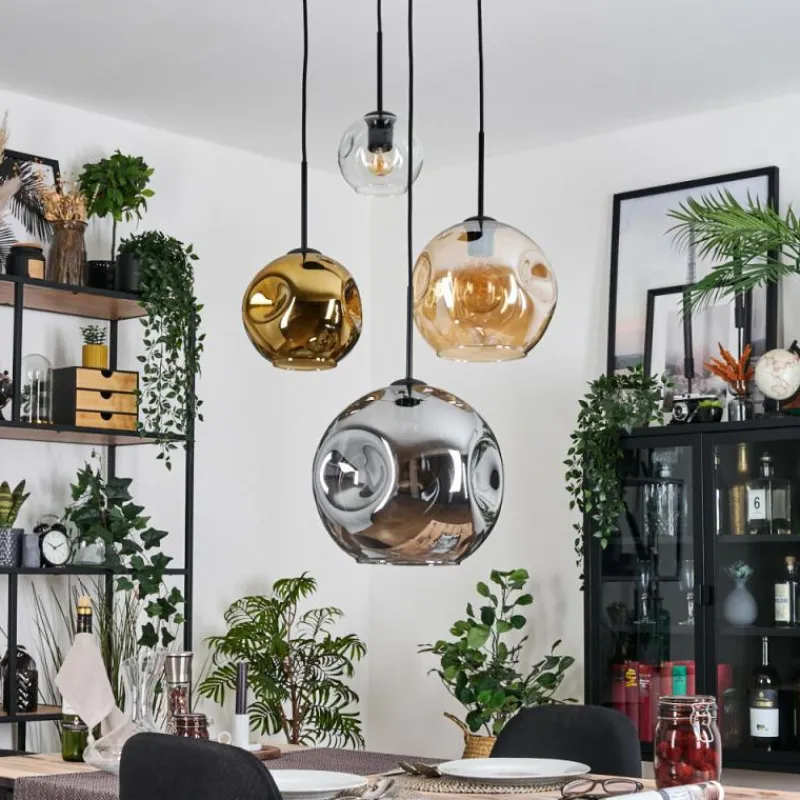 Lampes Dorées-hofstein Ripoll Suspension, Boule lumineuse, Suspension grappe Ambre, Chrome, Or, Clair, Fumé, 4 lumières