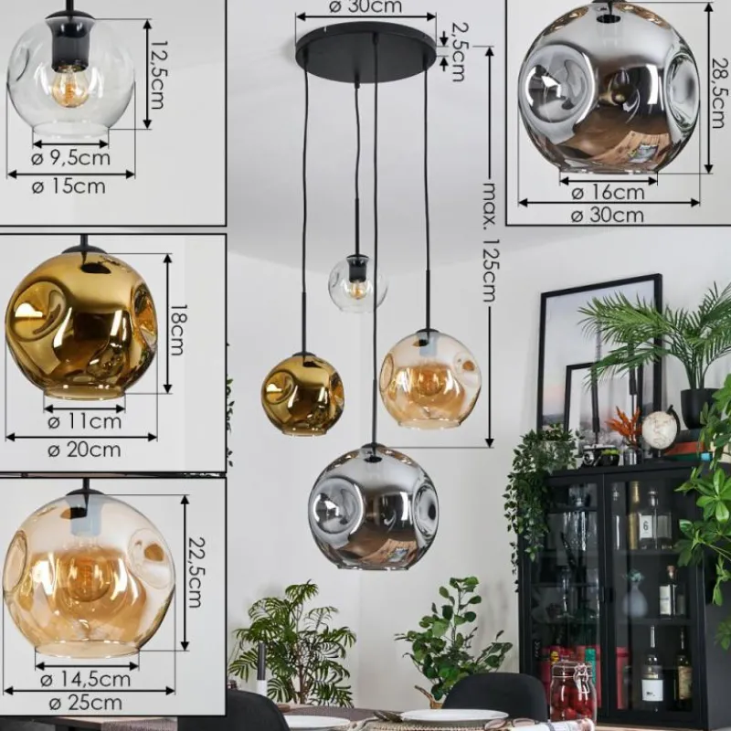Lampes Dorées-hofstein Ripoll Suspension, Boule lumineuse, Suspension grappe Ambre, Chrome, Or, Clair, Fumé, 4 lumières