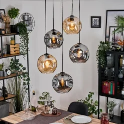 hofstein Ripoll Suspension, Boule lumineuse, Suspension grappe Ambre, Fumé, 5 lumières