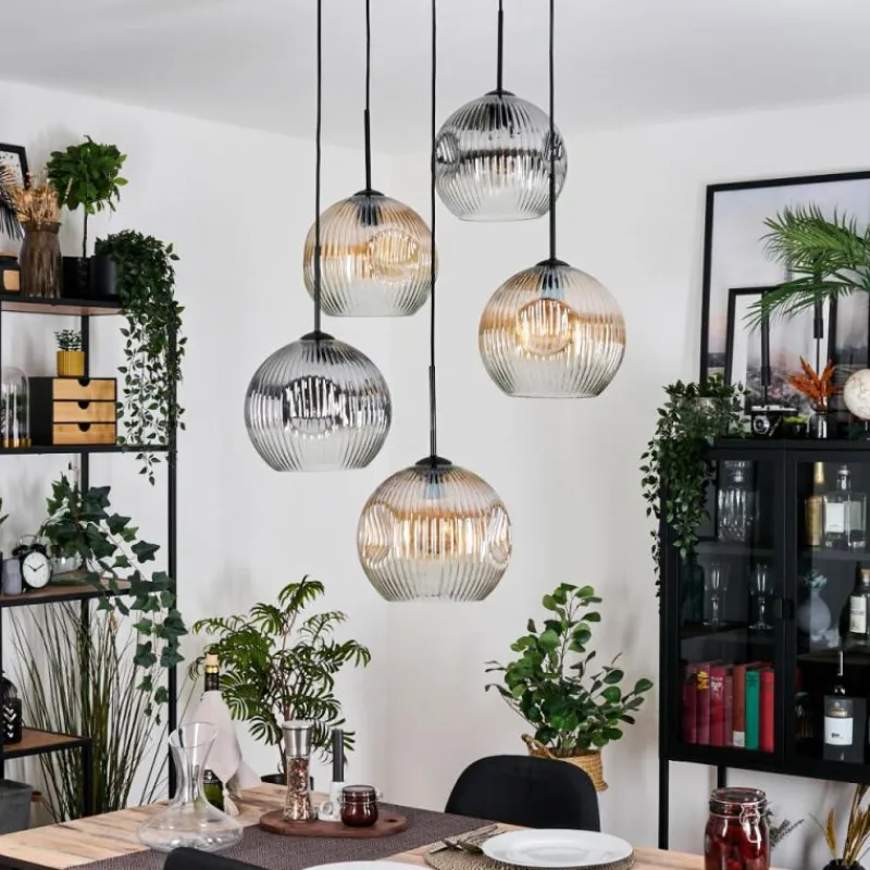 hofstein Ripoll Suspension, Boule lumineuse, Suspension grappe Ambre, Clair, Fumé, 5 lumières