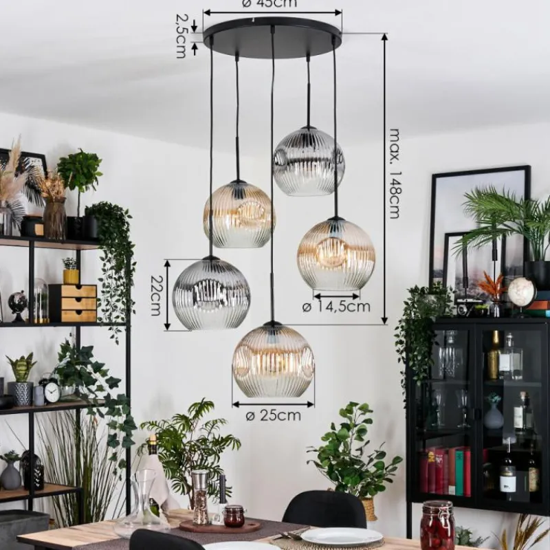 hofstein Ripoll Suspension, Boule lumineuse, Suspension grappe Ambre, Clair, Fumé, 5 lumières