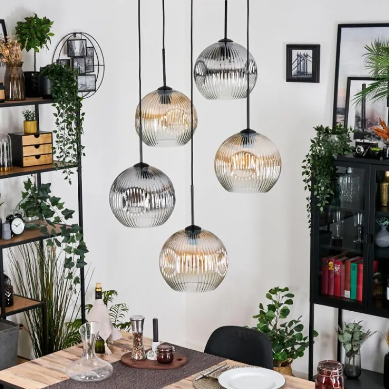 hofstein Ripoll Suspension, Boule lumineuse, Suspension grappe Ambre, Clair, Fumé, 5 lumières