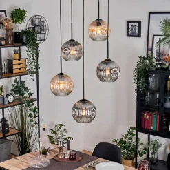 hofstein Ripoll Suspension, Boule lumineuse, Suspension grappe Ambre, Clair, Fumé, 5 lumières