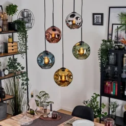 Lampes Dorées-hofstein Ripoll Suspension, Boule lumineuse, Suspension grappe Bleu, Chrome, Or, Vert, Cuivré, Fumé, 5 lumières