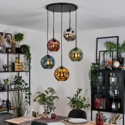 Lampes Dorées-hofstein Ripoll Suspension, Boule lumineuse, Suspension grappe Bleu, Chrome, Or, Vert, Cuivré, Fumé, 5 lumières