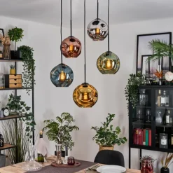 Lampes Dorées-hofstein Ripoll Suspension, Boule lumineuse, Suspension grappe Bleu, Chrome, Or, Vert, Cuivré, Fumé, 5 lumières