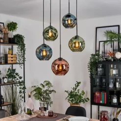 hofstein Ripoll Suspension, Boule lumineuse, Suspension grappe Bleu, Vert, Cuivré, 5 lumières