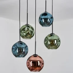 hofstein Ripoll Suspension, Boule lumineuse, Suspension grappe Bleu, Vert, Cuivré, 5 lumières
