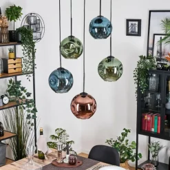 hofstein Ripoll Suspension, Boule lumineuse, Suspension grappe Bleu, Vert, Cuivré, 5 lumières