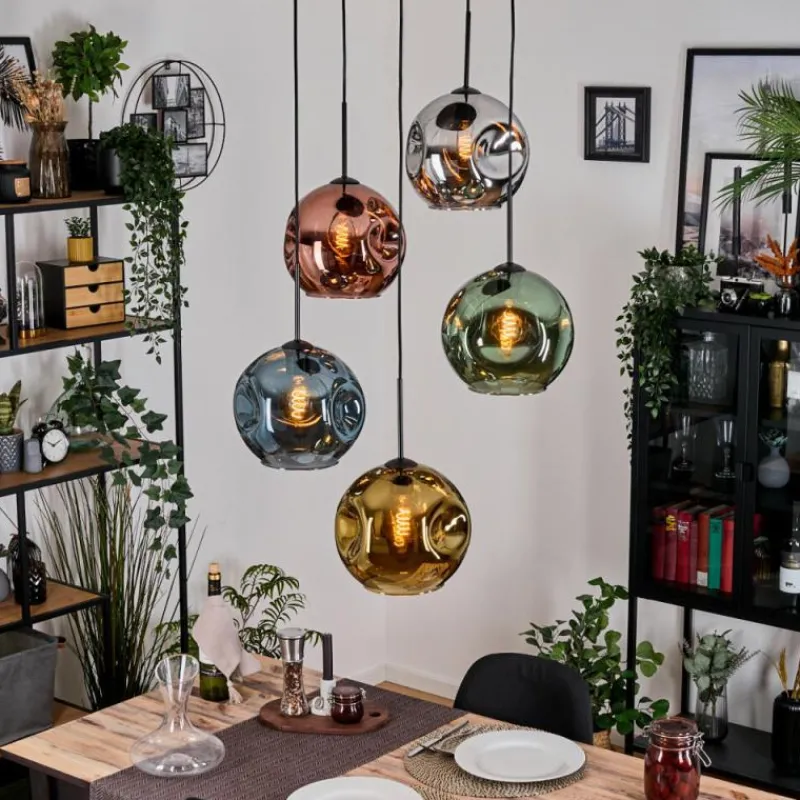 Lampes Dorées-hofstein Ripoll Suspension, Boule lumineuse, Suspension grappe Bleu, Chrome, Or, Vert, Cuivré, Fumé, 5 lumières