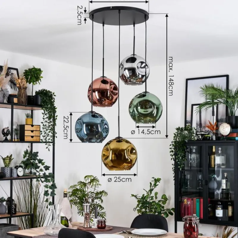 Lampes Dorées-hofstein Ripoll Suspension, Boule lumineuse, Suspension grappe Bleu, Chrome, Or, Vert, Cuivré, Fumé, 5 lumières