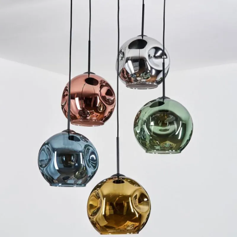 Lampes Dorées-hofstein Ripoll Suspension, Boule lumineuse, Suspension grappe Bleu, Chrome, Or, Vert, Cuivré, Fumé, 5 lumières