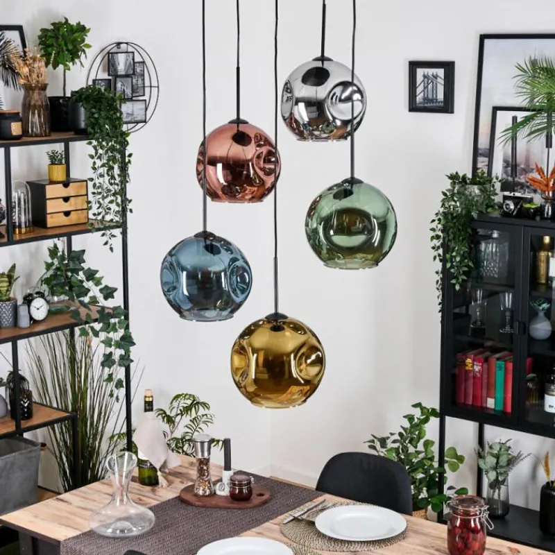 Lampes Dorées-hofstein Ripoll Suspension, Boule lumineuse, Suspension grappe Bleu, Chrome, Or, Vert, Cuivré, Fumé, 5 lumières