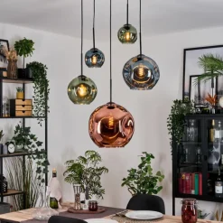 hofstein Ripoll Suspension, Boule lumineuse, Suspension grappe Bleu, Vert, Cuivré, 5 lumières