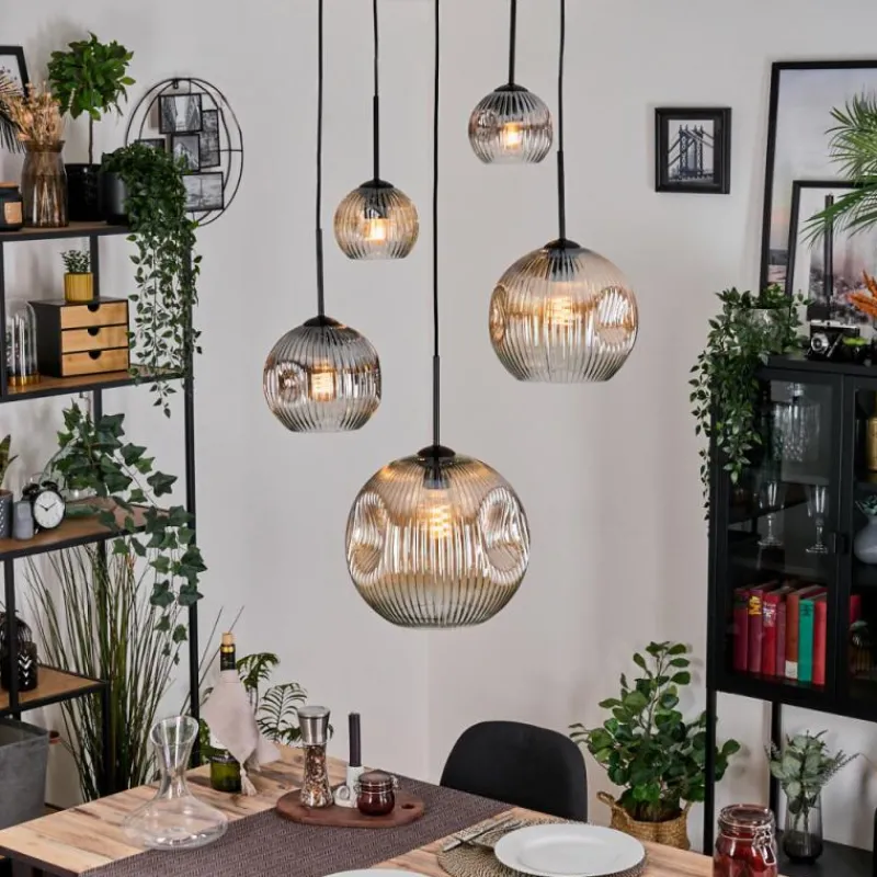 hofstein Ripoll Suspension, Boule lumineuse, Suspension grappe Ambre, Clair, Fumé, 5 lumières