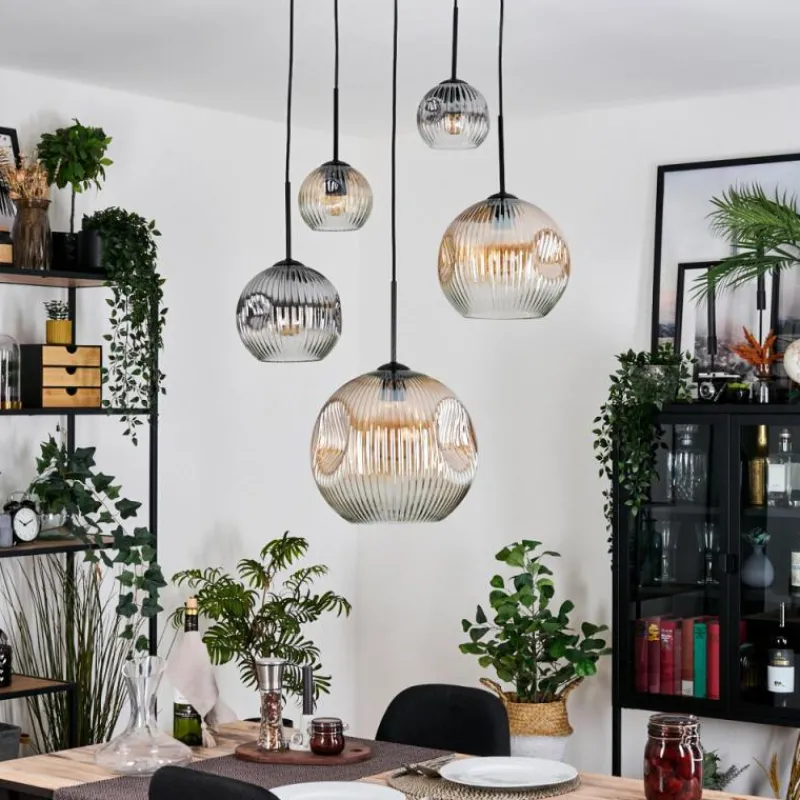 hofstein Ripoll Suspension, Boule lumineuse, Suspension grappe Ambre, Clair, Fumé, 5 lumières