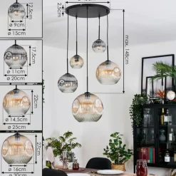 hofstein Ripoll Suspension, Boule lumineuse, Suspension grappe Ambre, Clair, Fumé, 5 lumières