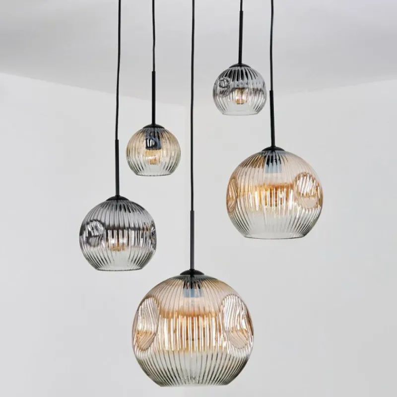 hofstein Ripoll Suspension, Boule lumineuse, Suspension grappe Ambre, Clair, Fumé, 5 lumières