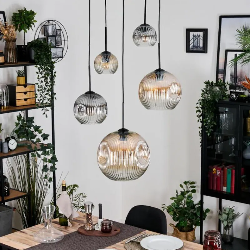 hofstein Ripoll Suspension, Boule lumineuse, Suspension grappe Ambre, Clair, Fumé, 5 lumières