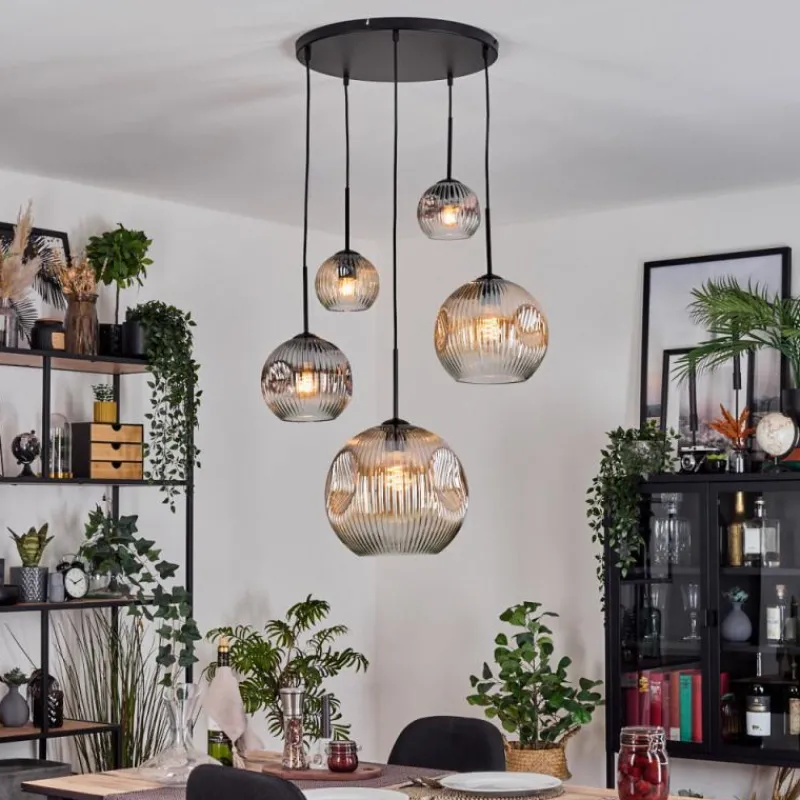 hofstein Ripoll Suspension, Boule lumineuse, Suspension grappe Ambre, Clair, Fumé, 5 lumières