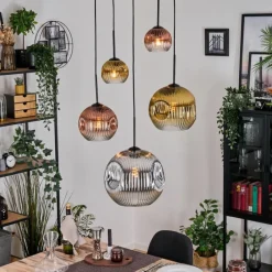 Lampes Dorées-hofstein Ripoll Suspension, Boule lumineuse, Suspension grappe Chrome, Or, Clair, Cuivré, Fumé, 5 lumières