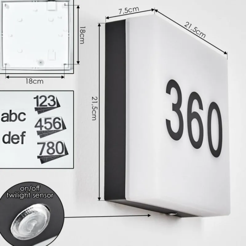 hofstein Sneslev Lampe murale d´extérieur, Numéro de maison lumineux, Applique murale Noir, 1 lumière