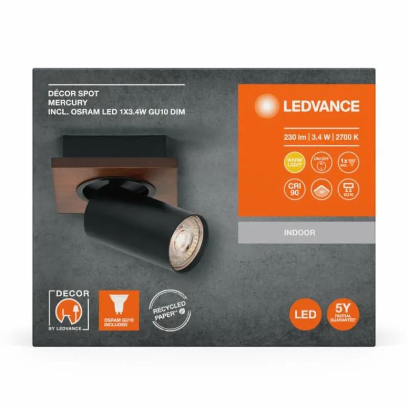 Lampes En Bois-Luminaires Ledvance Spot Plafonnier LED Couleur bois, Noir, 1 lumière