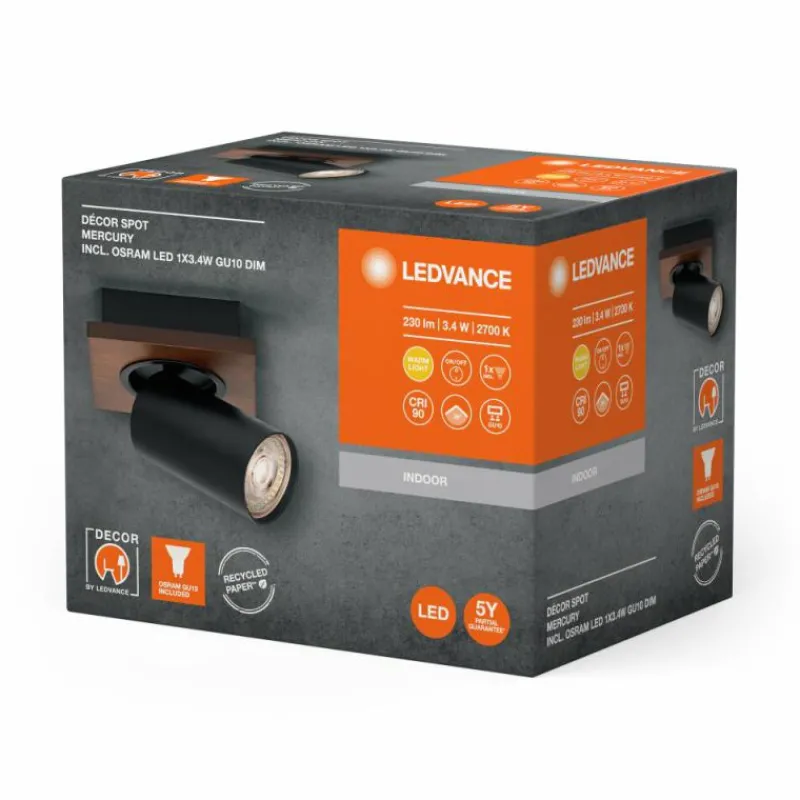 Lampes En Bois-Luminaires Ledvance Spot Plafonnier LED Couleur bois, Noir, 1 lumière