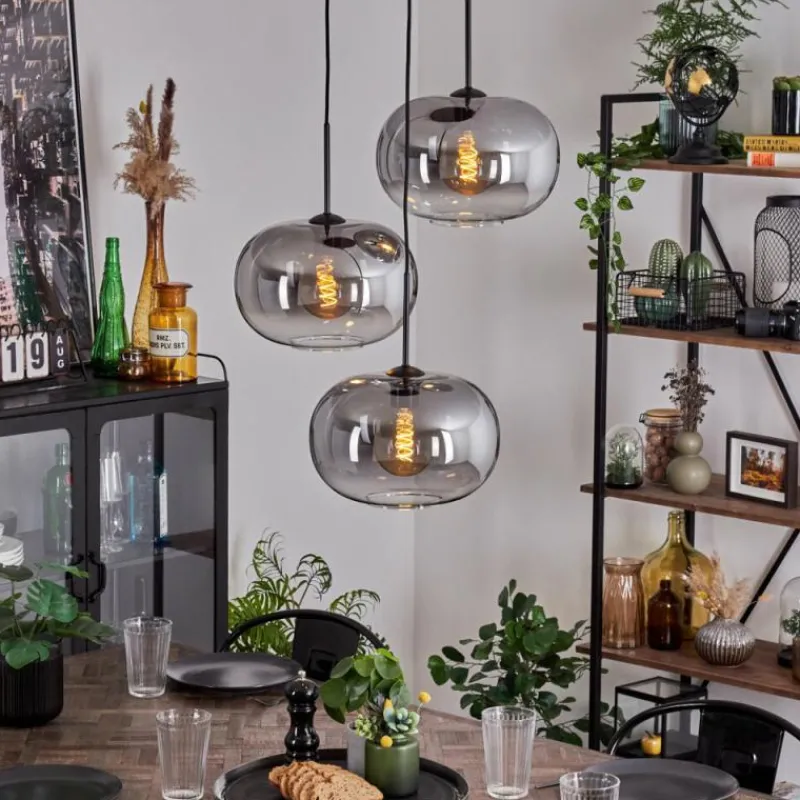 hofstein Suspension - Verre Apedo Clair, Fumé, 3 lumières