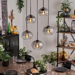 hofstein Suspension - Verre Apedo Clair, Fumé, 5 lumières