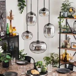 hofstein Suspension - Verre Apedo Clair, Fumé, 5 lumières