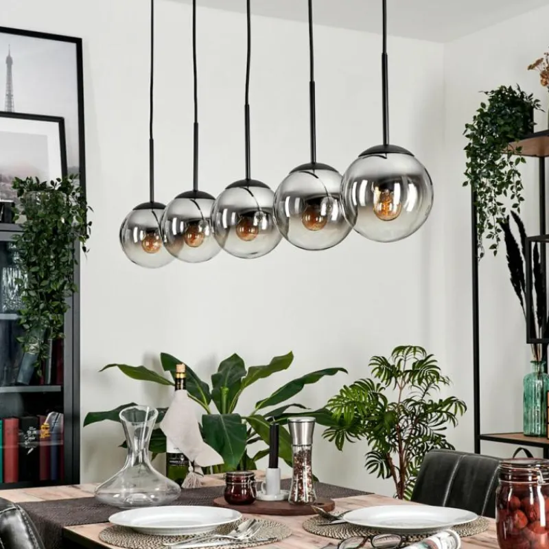 hofstein Suspension - Verre Gastor Chrome, Clair, Fumé, 5 lumières