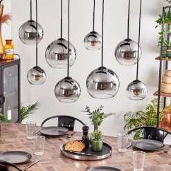 hofstein Suspension - Verre Koyoto Clair, Fumé, 8 lumières