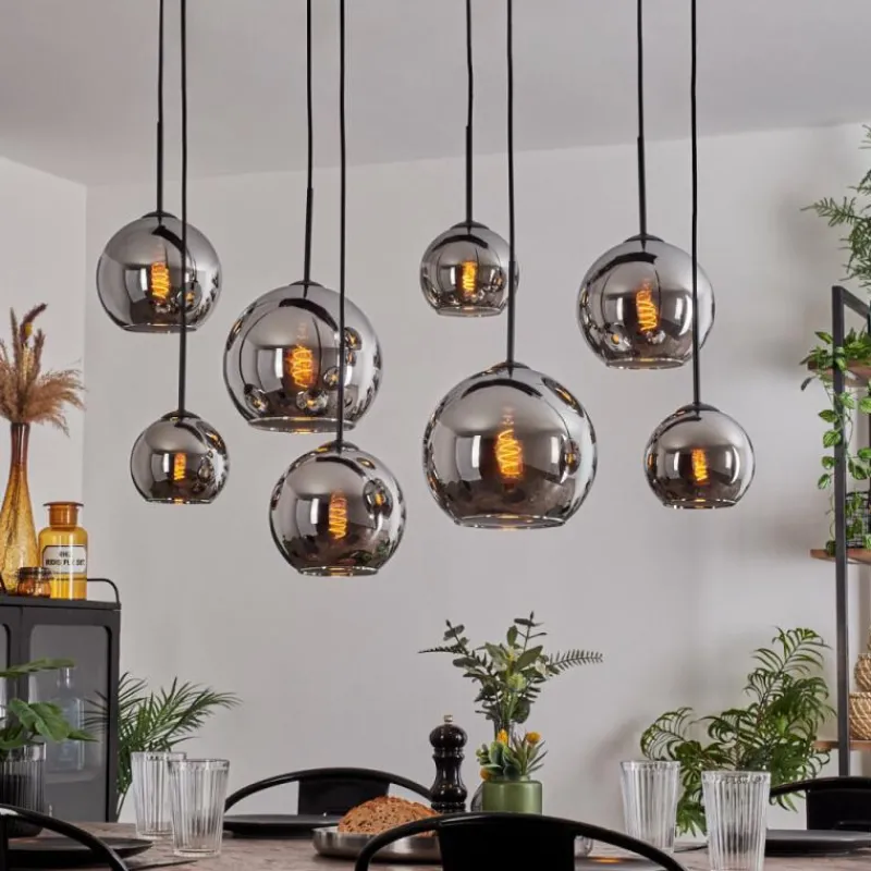 hofstein Suspension - Verre Koyoto Chrome, Fumé, 8 lumières