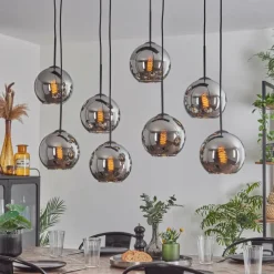 hofstein Suspension - Verre Koyoto Chrome, Fumé, 8 lumières