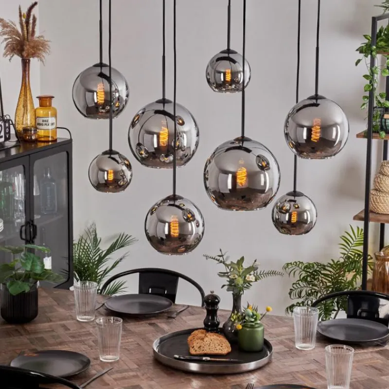 hofstein Suspension - Verre Koyoto Chrome, Fumé, 8 lumières