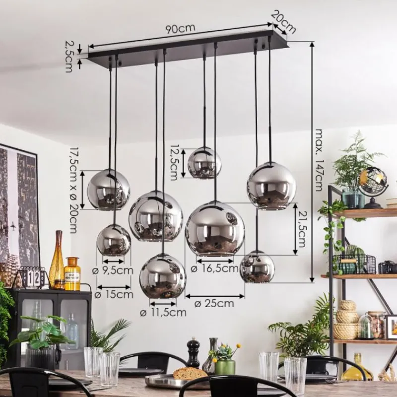 hofstein Suspension - Verre Koyoto Chrome, Fumé, 8 lumières