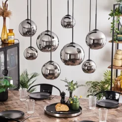 hofstein Suspension - Verre Koyoto Chrome, Fumé, 8 lumières