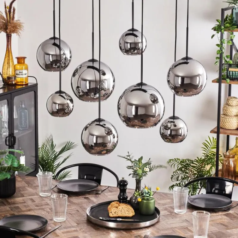 hofstein Suspension - Verre Koyoto Chrome, Fumé, 8 lumières