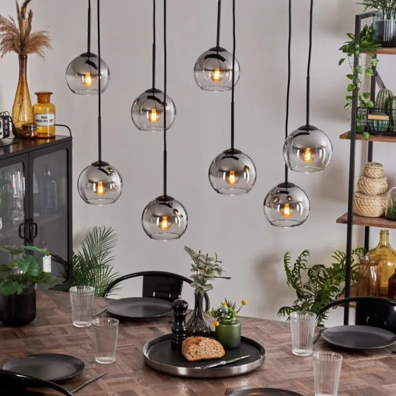 hofstein Suspension - Verre Koyoto Chrome, Clair, Fumé, 8 lumières