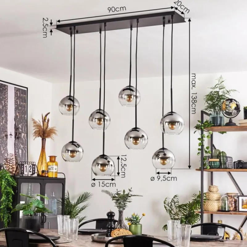 hofstein Suspension - Verre Koyoto Chrome, Clair, Fumé, 8 lumières