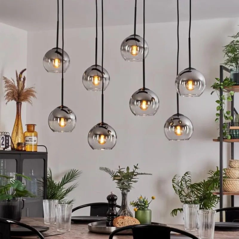 hofstein Suspension - Verre Koyoto Chrome, Clair, Fumé, 8 lumières